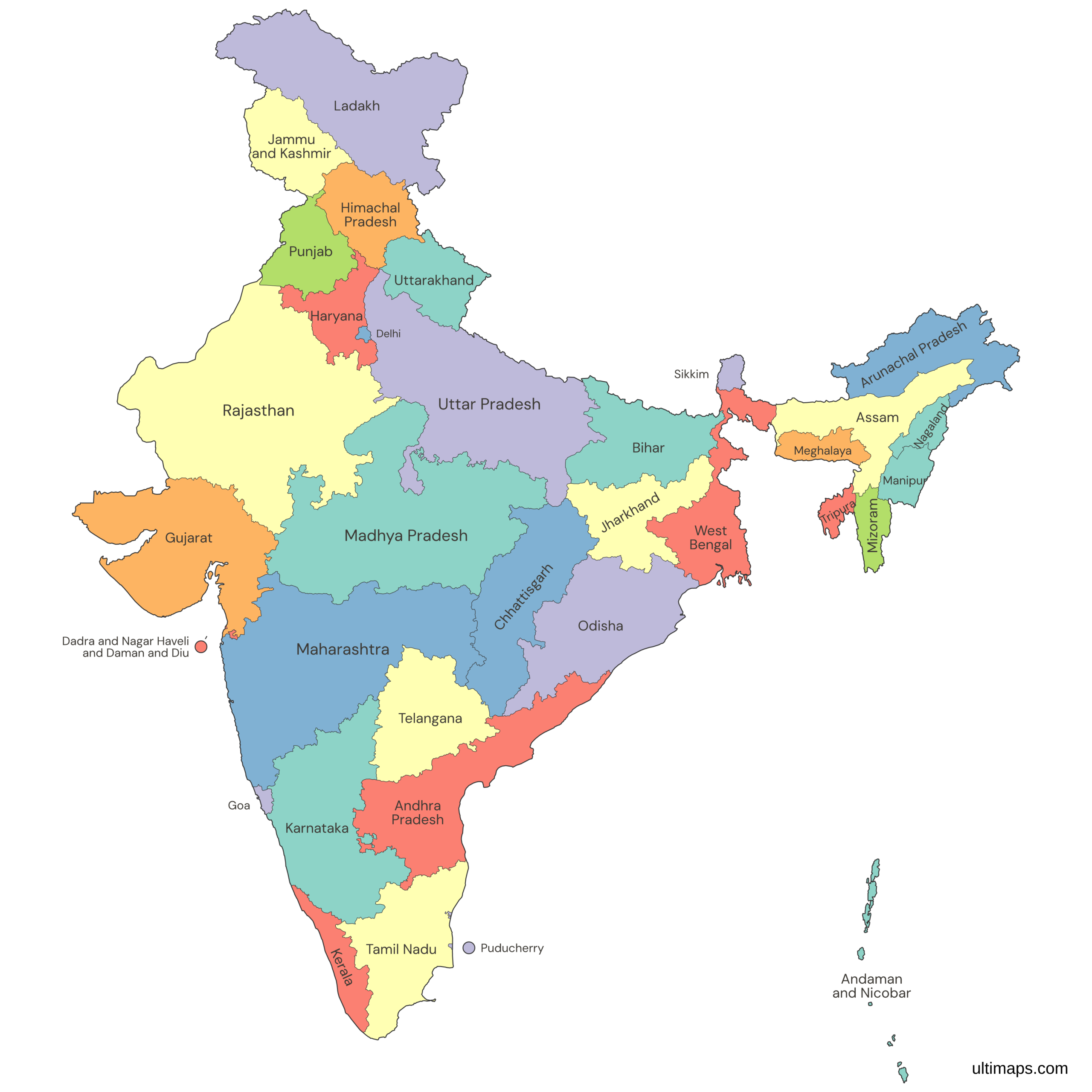 Political map of India. Select a state using the labelled controls